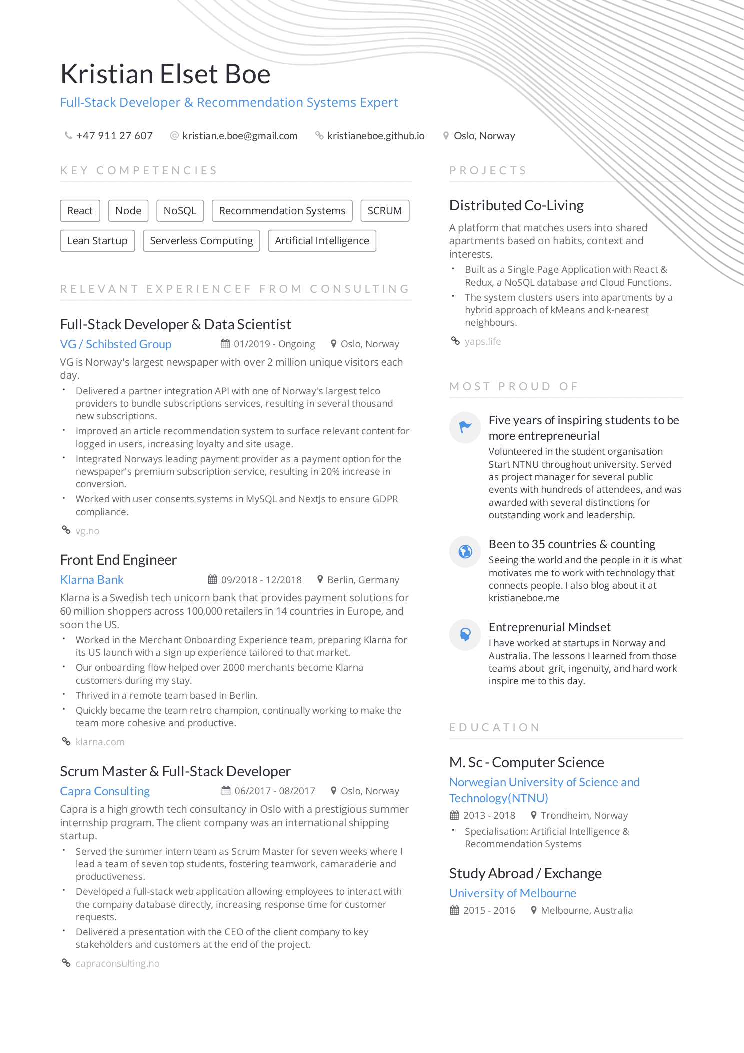Preview of Kristian Elset Bø's one-page resume